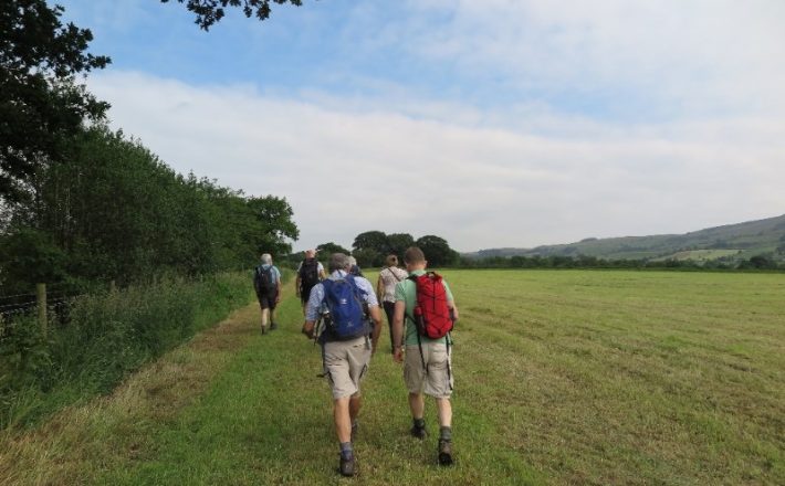 A group of people walking across a field
