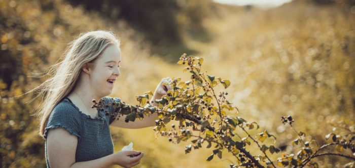 A girl picking blackberries