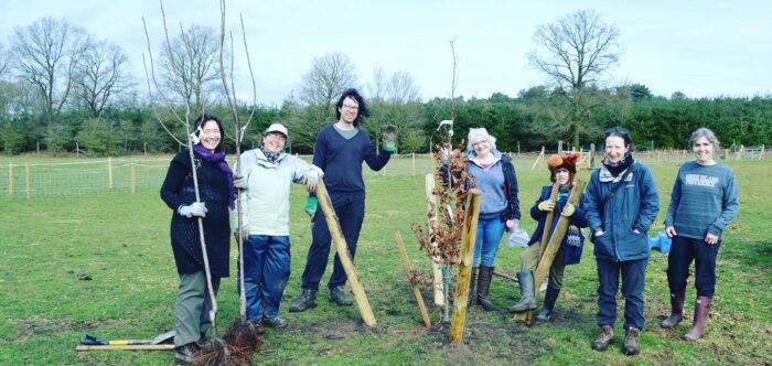 A group of people in a field with newly planted trees